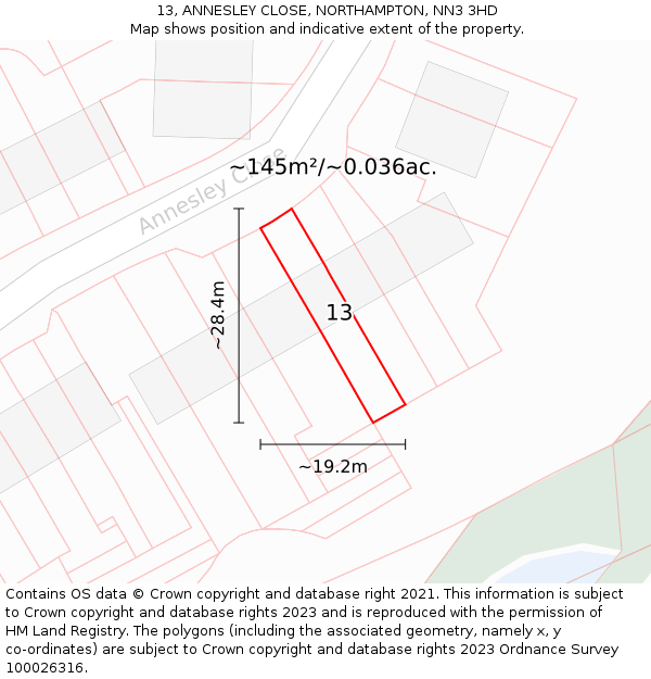 13, ANNESLEY CLOSE, NORTHAMPTON, NN3 3HD: Plot and title map