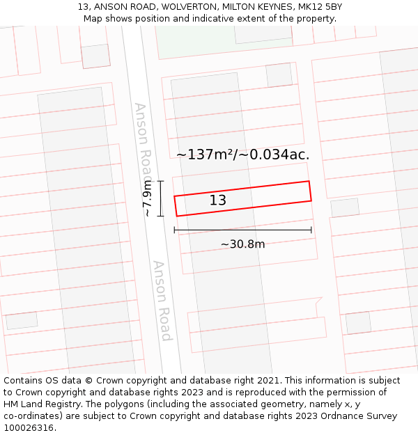 13, ANSON ROAD, WOLVERTON, MILTON KEYNES, MK12 5BY: Plot and title map