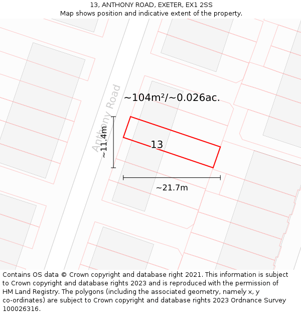 13, ANTHONY ROAD, EXETER, EX1 2SS: Plot and title map