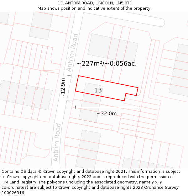 13, ANTRIM ROAD, LINCOLN, LN5 8TF: Plot and title map