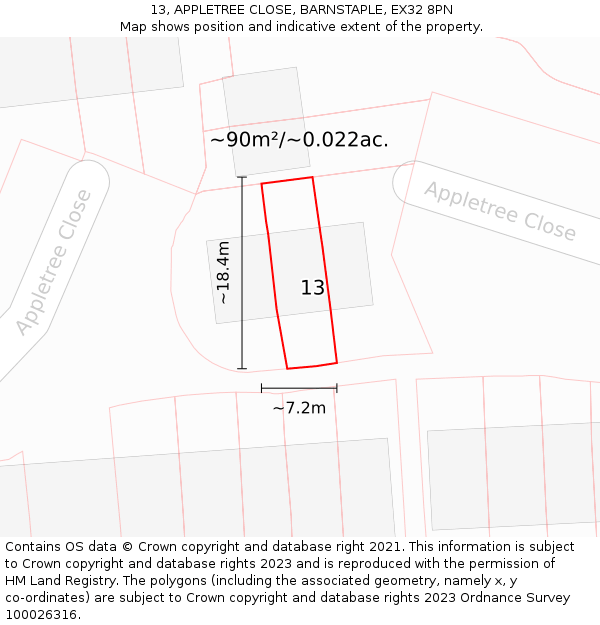 13, APPLETREE CLOSE, BARNSTAPLE, EX32 8PN: Plot and title map
