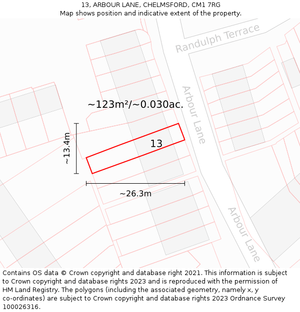 13, ARBOUR LANE, CHELMSFORD, CM1 7RG: Plot and title map