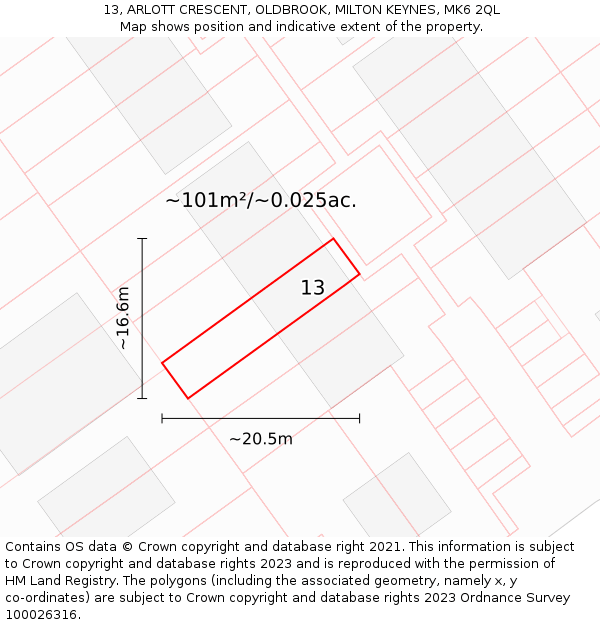 13, ARLOTT CRESCENT, OLDBROOK, MILTON KEYNES, MK6 2QL: Plot and title map