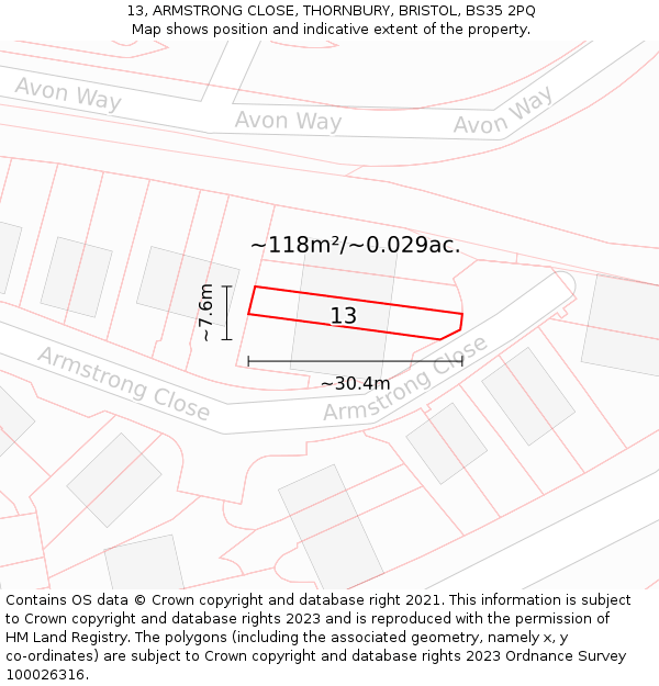 13, ARMSTRONG CLOSE, THORNBURY, BRISTOL, BS35 2PQ: Plot and title map