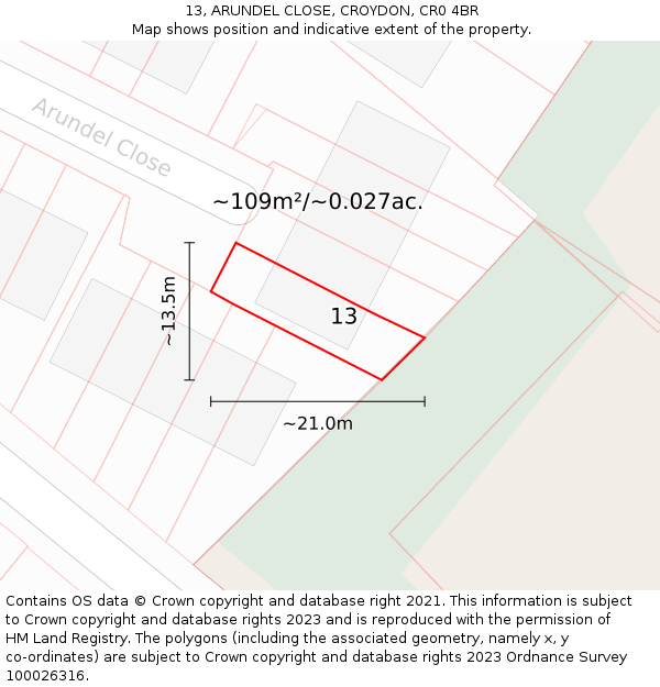13, ARUNDEL CLOSE, CROYDON, CR0 4BR: Plot and title map