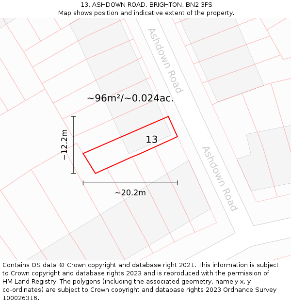 13, ASHDOWN ROAD, BRIGHTON, BN2 3FS: Plot and title map