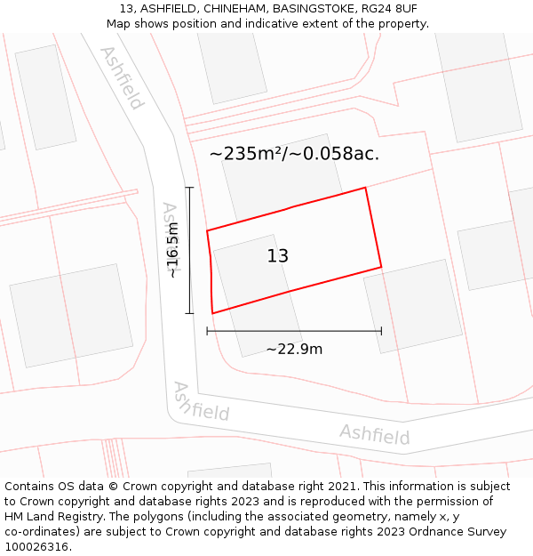 13, ASHFIELD, CHINEHAM, BASINGSTOKE, RG24 8UF: Plot and title map