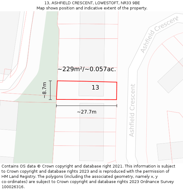 13, ASHFIELD CRESCENT, LOWESTOFT, NR33 9BE: Plot and title map