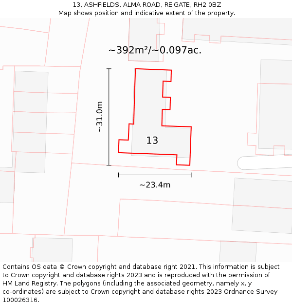 13, ASHFIELDS, ALMA ROAD, REIGATE, RH2 0BZ: Plot and title map