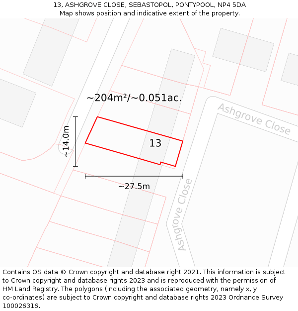 13, ASHGROVE CLOSE, SEBASTOPOL, PONTYPOOL, NP4 5DA: Plot and title map