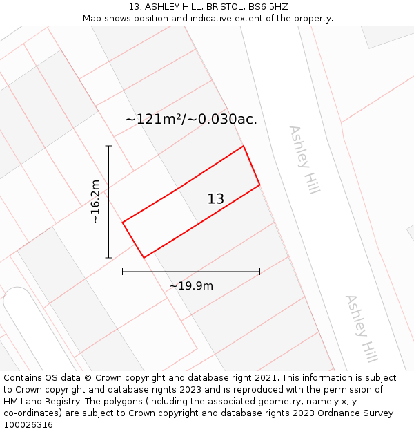 13, ASHLEY HILL, BRISTOL, BS6 5HZ: Plot and title map