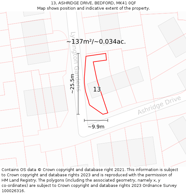 13, ASHRIDGE DRIVE, BEDFORD, MK41 0QF: Plot and title map