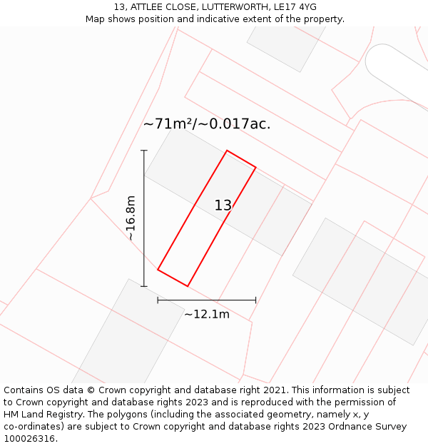 13, ATTLEE CLOSE, LUTTERWORTH, LE17 4YG: Plot and title map