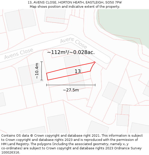 13, AVENS CLOSE, HORTON HEATH, EASTLEIGH, SO50 7PW: Plot and title map