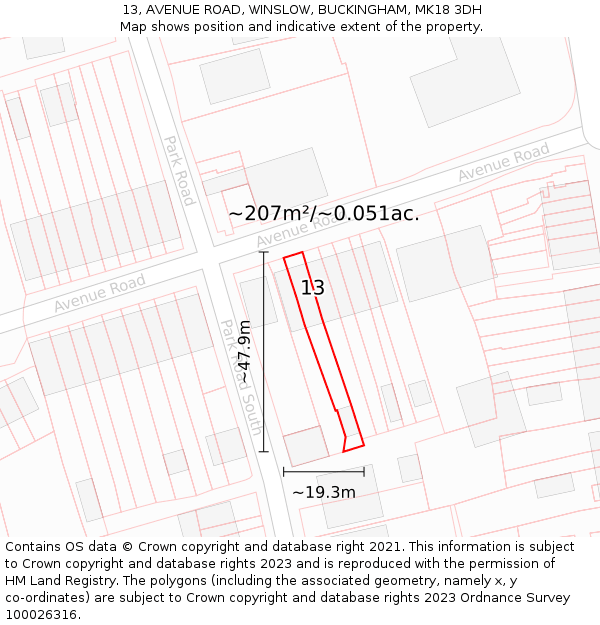 13, AVENUE ROAD, WINSLOW, BUCKINGHAM, MK18 3DH: Plot and title map