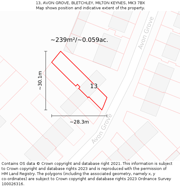 13, AVON GROVE, BLETCHLEY, MILTON KEYNES, MK3 7BX: Plot and title map
