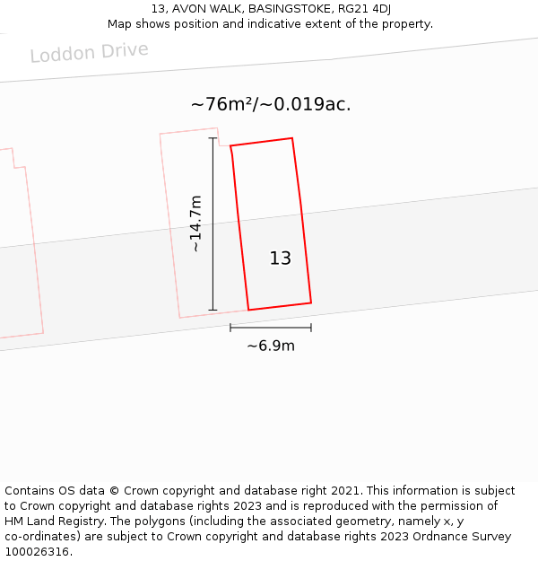 13, AVON WALK, BASINGSTOKE, RG21 4DJ: Plot and title map