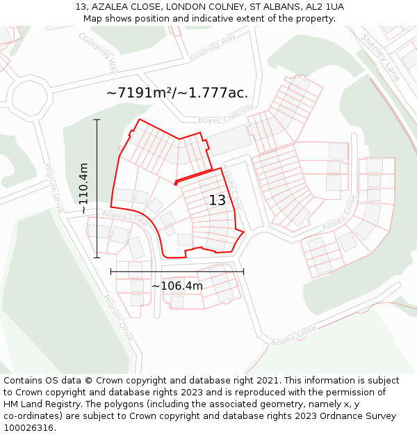 13, AZALEA CLOSE, LONDON COLNEY, ST ALBANS, AL2 1UA: Plot and title map
