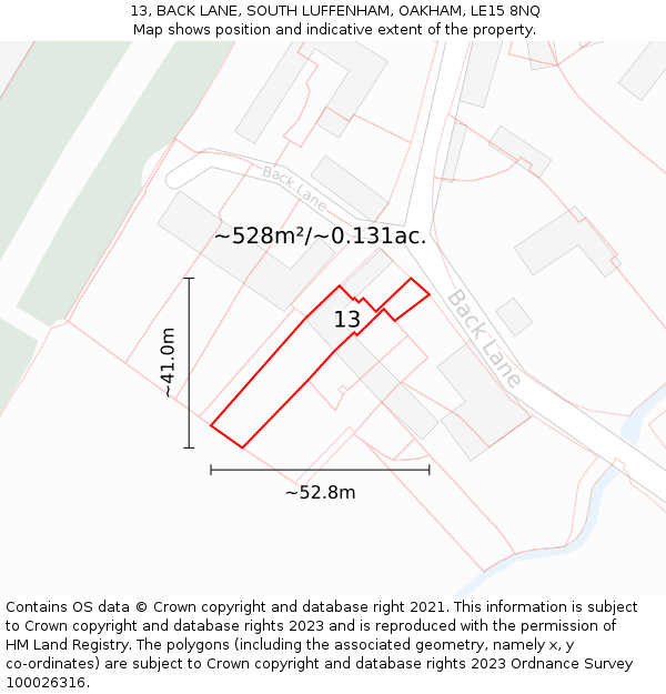 13, BACK LANE, SOUTH LUFFENHAM, OAKHAM, LE15 8NQ: Plot and title map