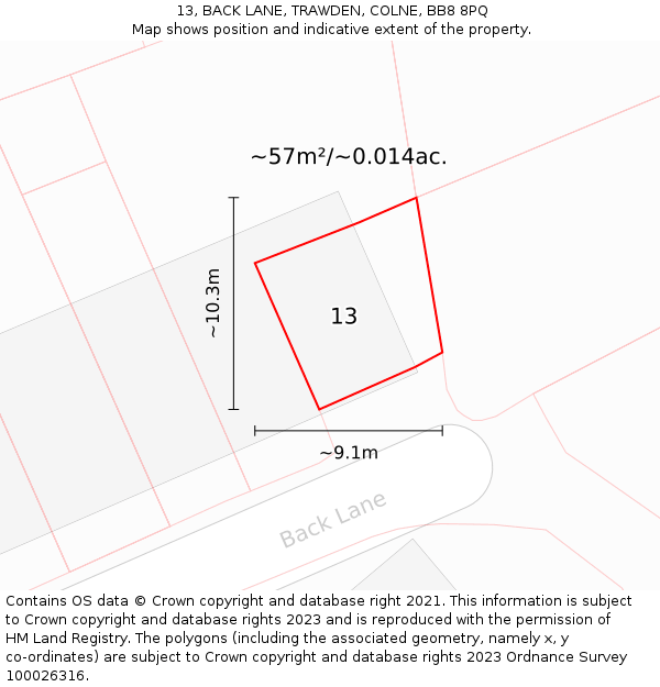 13, BACK LANE, TRAWDEN, COLNE, BB8 8PQ: Plot and title map