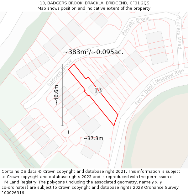13, BADGERS BROOK, BRACKLA, BRIDGEND, CF31 2QS: Plot and title map