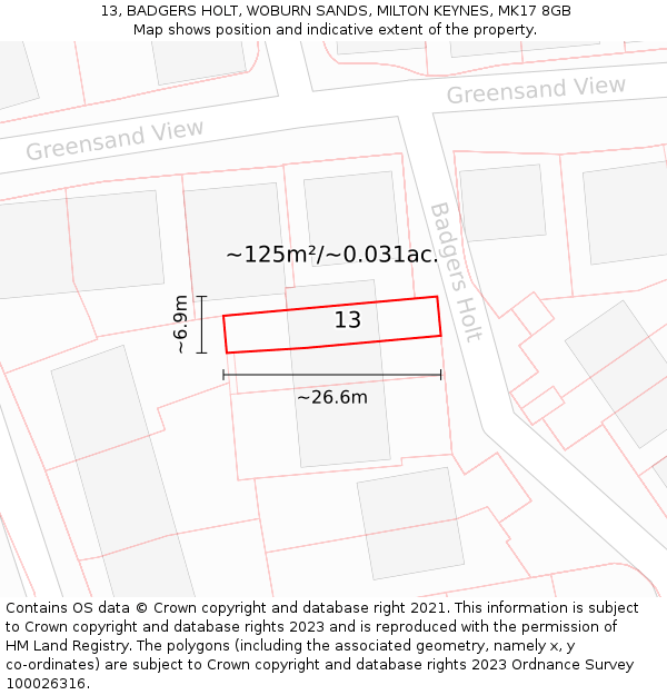 13, BADGERS HOLT, WOBURN SANDS, MILTON KEYNES, MK17 8GB: Plot and title map