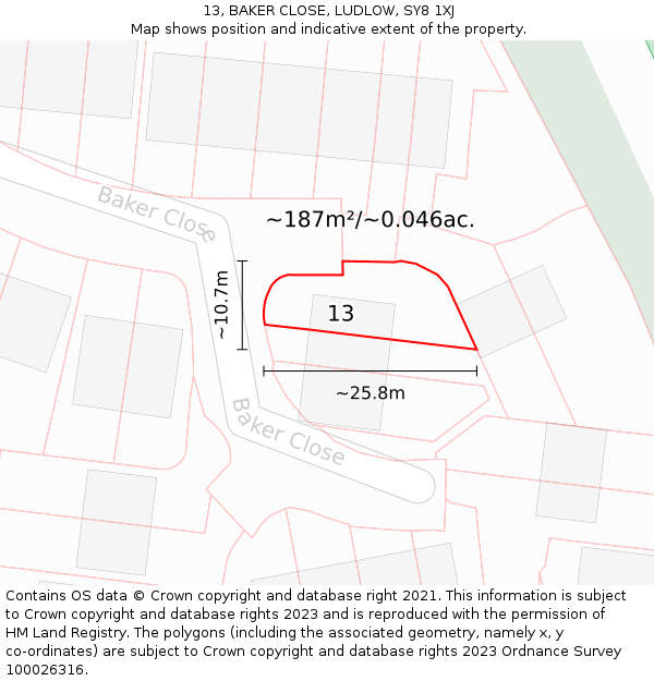 13, BAKER CLOSE, LUDLOW, SY8 1XJ: Plot and title map