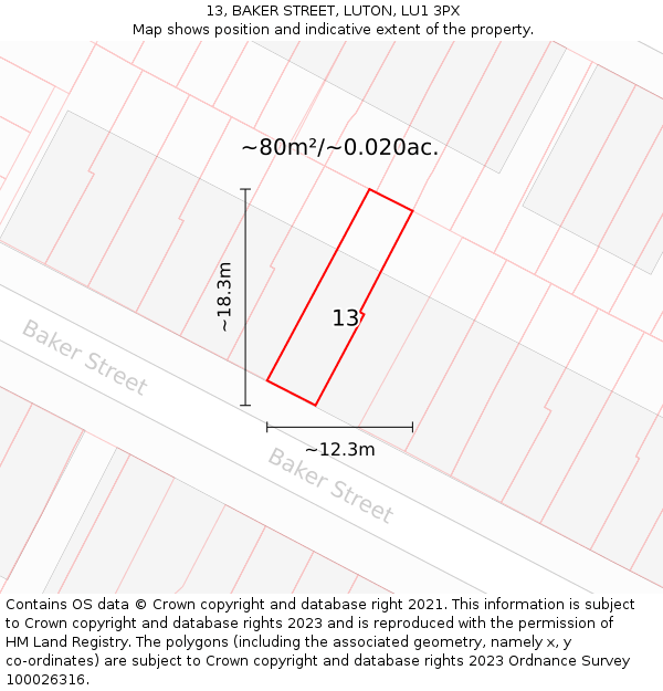 13, BAKER STREET, LUTON, LU1 3PX: Plot and title map