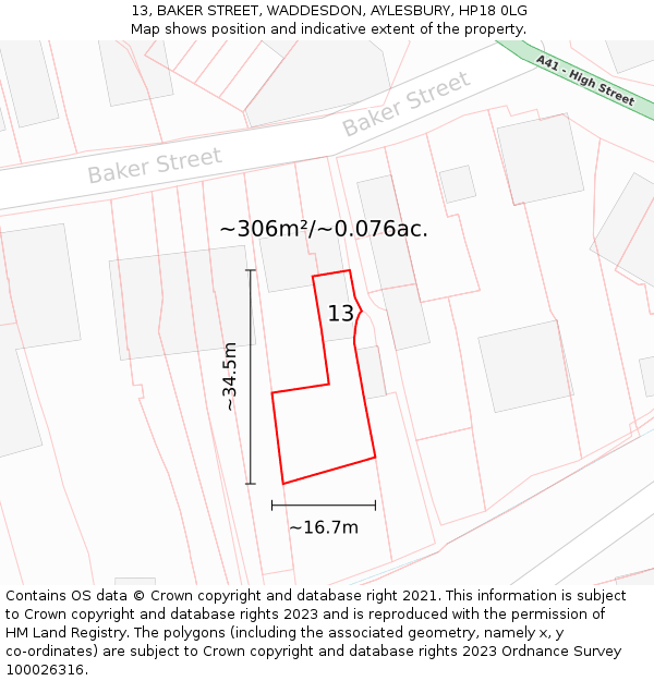 13, BAKER STREET, WADDESDON, AYLESBURY, HP18 0LG: Plot and title map