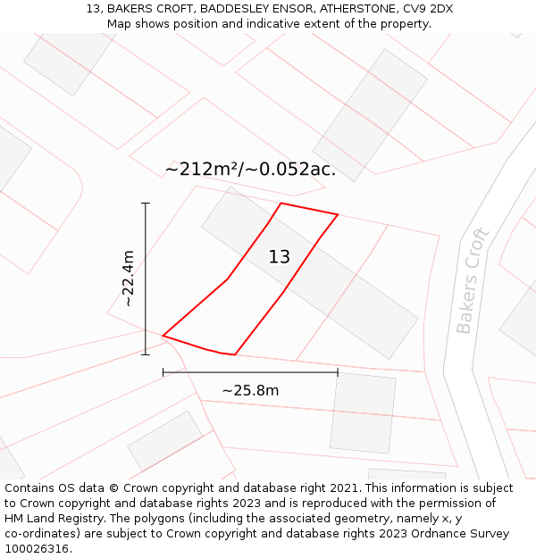 13, BAKERS CROFT, BADDESLEY ENSOR, ATHERSTONE, CV9 2DX: Plot and title map