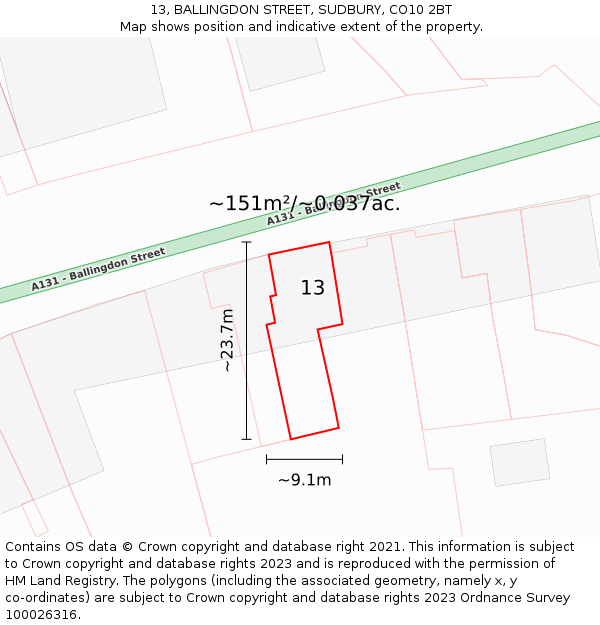 13, BALLINGDON STREET, SUDBURY, CO10 2BT: Plot and title map