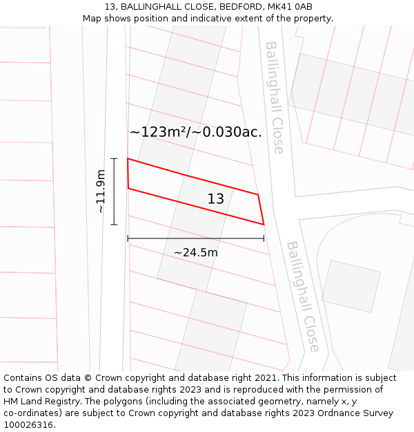 13, BALLINGHALL CLOSE, BEDFORD, MK41 0AB: Plot and title map