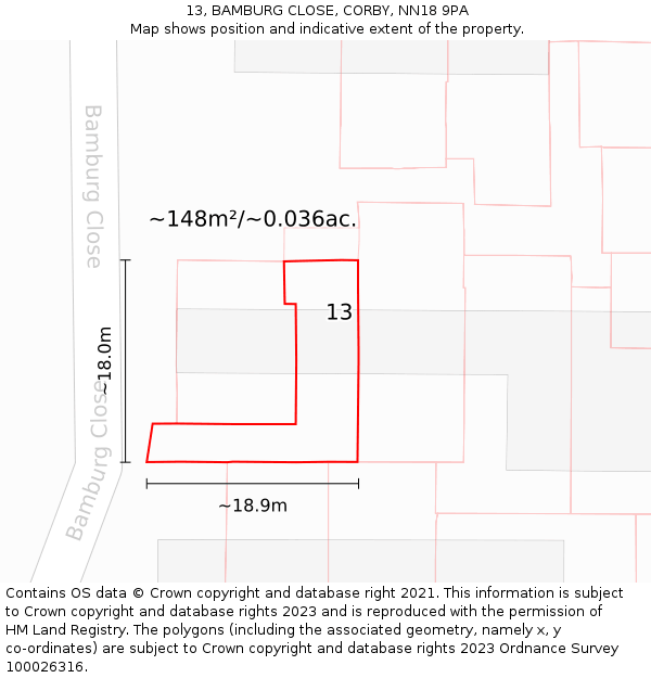 13, BAMBURG CLOSE, CORBY, NN18 9PA: Plot and title map