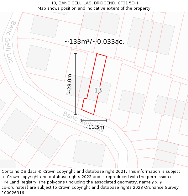 13, BANC GELLI LAS, BRIDGEND, CF31 5DH: Plot and title map