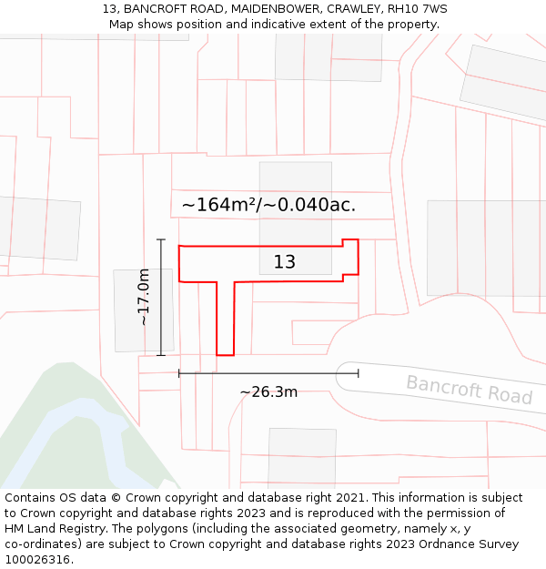 13, BANCROFT ROAD, MAIDENBOWER, CRAWLEY, RH10 7WS: Plot and title map
