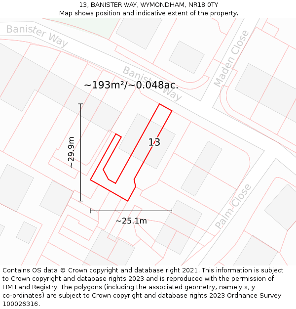 13, BANISTER WAY, WYMONDHAM, NR18 0TY: Plot and title map