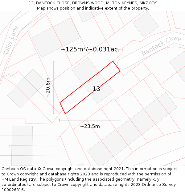 13, BANTOCK CLOSE, BROWNS WOOD, MILTON KEYNES, MK7 8DS: Plot and title map