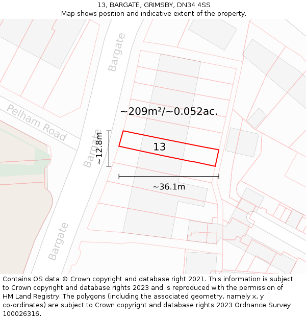 13, BARGATE, GRIMSBY, DN34 4SS: Plot and title map