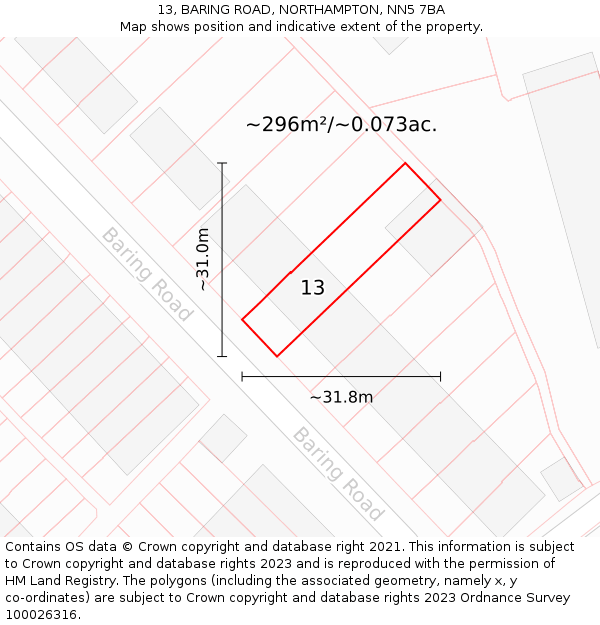 13, BARING ROAD, NORTHAMPTON, NN5 7BA: Plot and title map