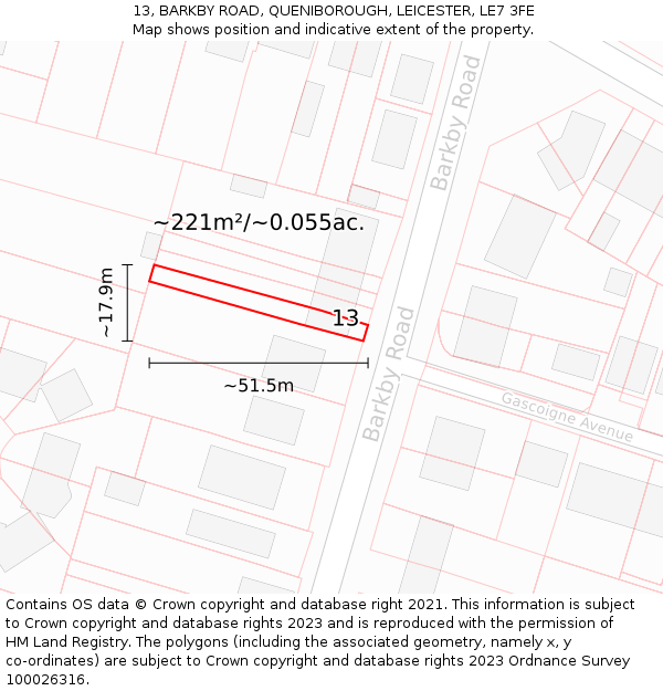 13, BARKBY ROAD, QUENIBOROUGH, LEICESTER, LE7 3FE: Plot and title map