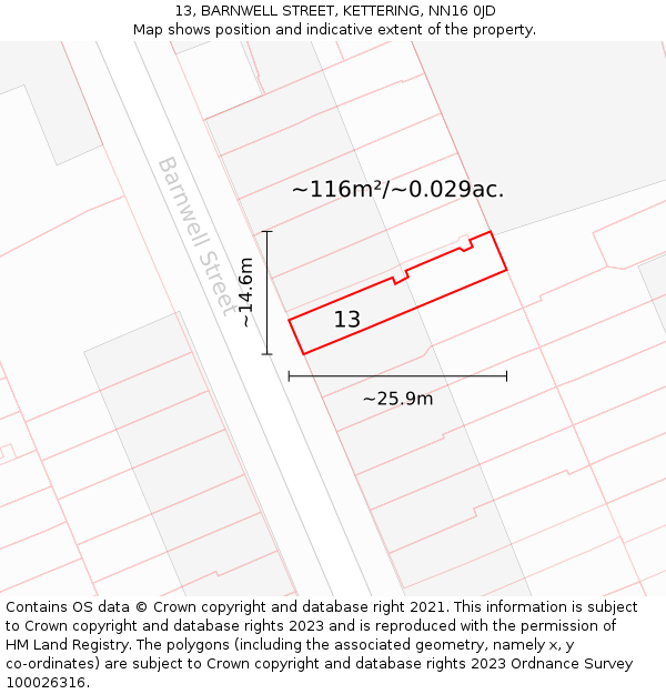 13, BARNWELL STREET, KETTERING, NN16 0JD: Plot and title map