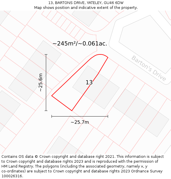 13, BARTONS DRIVE, YATELEY, GU46 6DW: Plot and title map