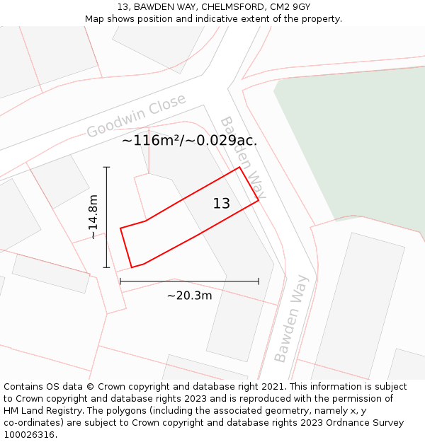 13, BAWDEN WAY, CHELMSFORD, CM2 9GY: Plot and title map