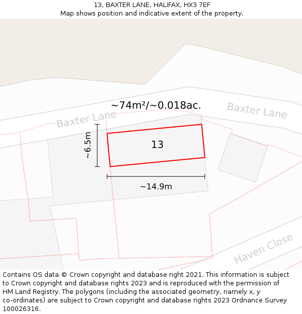 13, BAXTER LANE, HALIFAX, HX3 7EF: Plot and title map