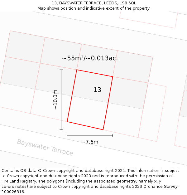 13, BAYSWATER TERRACE, LEEDS, LS8 5QL: Plot and title map
