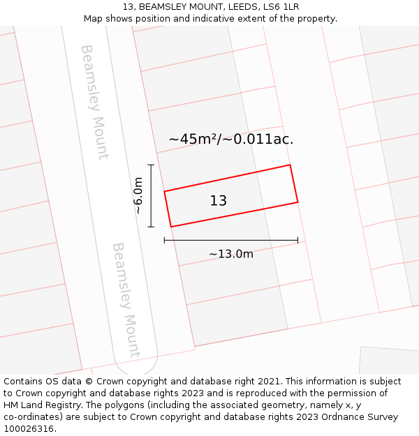 13, BEAMSLEY MOUNT, LEEDS, LS6 1LR: Plot and title map