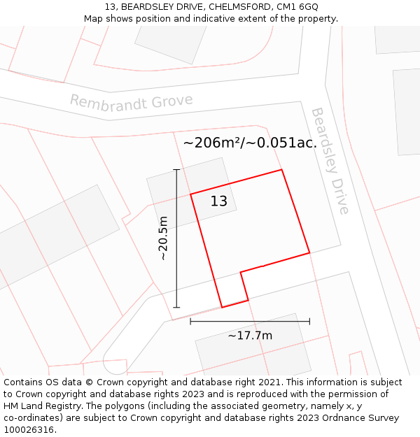 13, BEARDSLEY DRIVE, CHELMSFORD, CM1 6GQ: Plot and title map