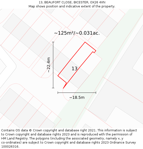 13, BEAUFORT CLOSE, BICESTER, OX26 4XN: Plot and title map