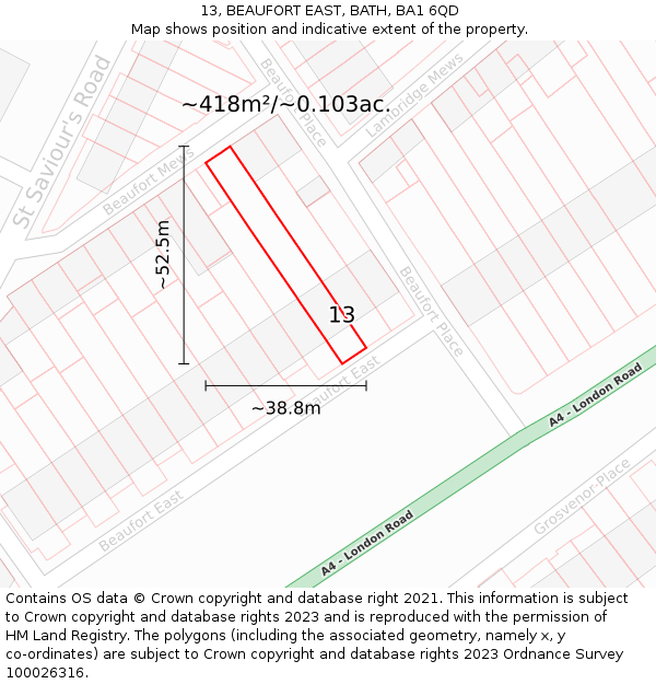 13, BEAUFORT EAST, BATH, BA1 6QD: Plot and title map