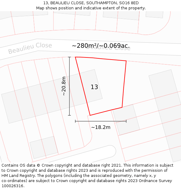 13, BEAULIEU CLOSE, SOUTHAMPTON, SO16 8ED: Plot and title map
